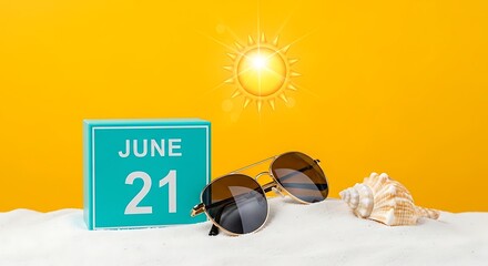 Summer solstice celebration with calendar sunglasses and seashell on sand June 21
