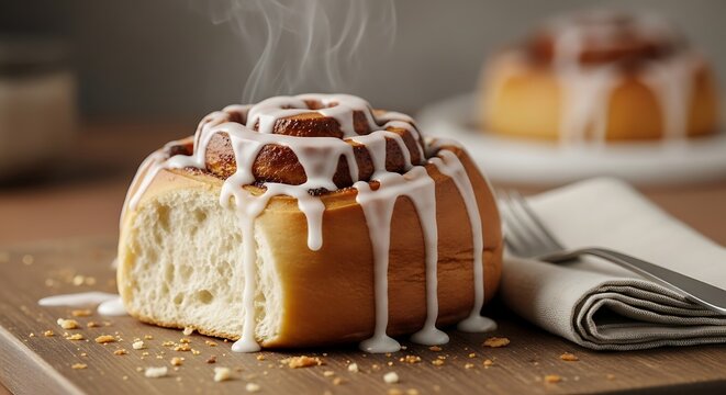 A close-up of a cinnamon roll with white icing drizzled on top, sitting on a wooden board with a napkin and fork. - Powered by Adobe
