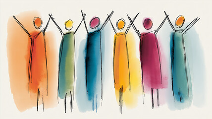 Abstract group of joyful human figures holding hands to represent diversity, community support and inclusive social connection.