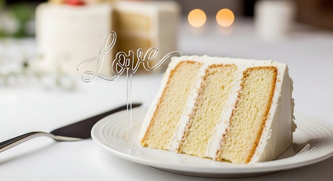 A slice of a three-layer white wedding cake with a 'Love' topper on a plate, ready for celebration.
