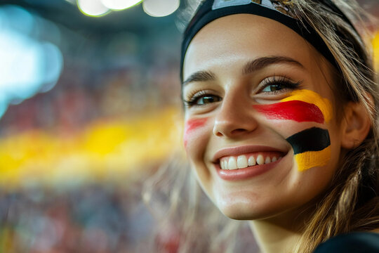 Generative AI image of excited sports fan supporting celebrating victory stadium during intense match day