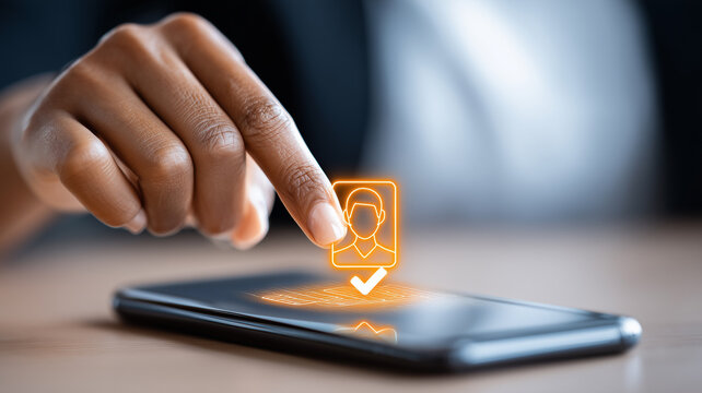 Finger confirming digital profile on smartphone screen illustrating secure identity verification, customer onboarding and trusted online access.
- Powered by Adobe
