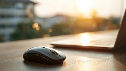 Captivating closeup of laptop edge and wireless mouse desk photorealistic still life sunlit bokeh background