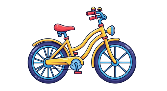 Cartoon illustration of yellow and blue bicycle isolated PNG with Transparent Background