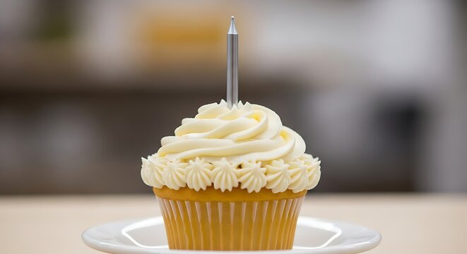 A cupcake with white frosting and a candle on a plate.