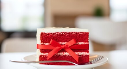 A slice of decadent red velvet cake with cream cheese frosting, adorned with a festive red ribbon bow, sits on a white plate with a fork.