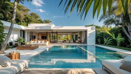 Luxury villa with a swimming pool and tropical landscaping on a sunny day