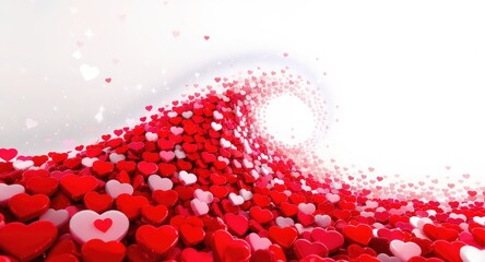 Red Heart Shapes Flowing in Spiral Pattern with Bright White Background for Love and Romance Themes