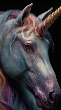 Majestic unicorn with colorful mane and shimmering coat standing against a dark background