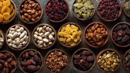 Assorted dried fruits and nuts in small bowls.