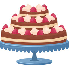 Three Tier Chocolate Cake With Cream And Raspberries On Blue Cake Stand Transparent Background