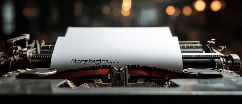 Vintage typewriter with paper saying "Story begins . . ." in moody light