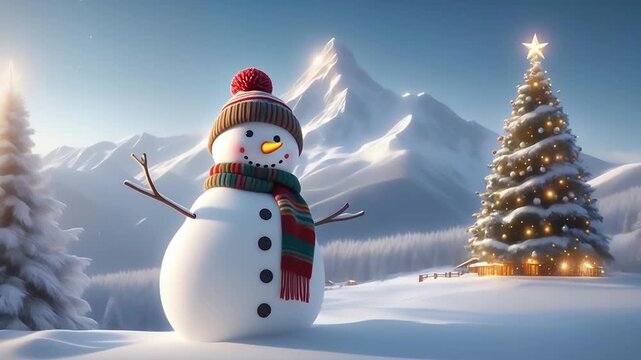 Animated image of a happy snowman wearing a scarf and knitted hat. Snowy background, Christmas tree.マフラーとニット帽をつけた楽しそうな雪だるまのアニメーション素材。雪景色の背景、クリスマスツリー。