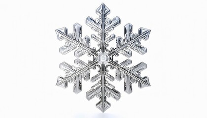 A detailed macro photograph showcases the delicate, crystalline structure of a single snowflake against a plain white backdrop.