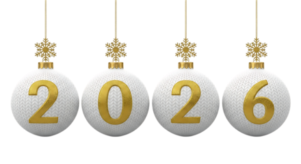 Four white Christmas ornaments with gold numbers forming 2026 and gold snowflakes isolated on a transparent background