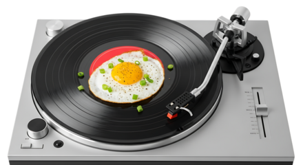 Fried egg with green onions on a spinning vinyl record on a turntable isolated on a transparent background