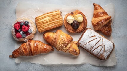 Assorted pastries displayed on parchment paper.