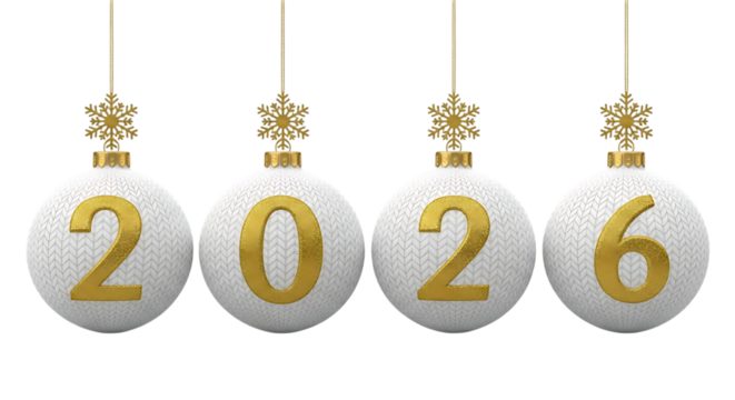 Four white Christmas ornaments with gold numbers forming 2026 and gold snowflakes isolated on a transparent background