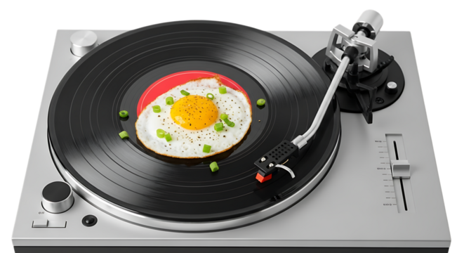 Fried egg with green onions on a spinning vinyl record on a turntable isolated on a transparent background - Powered by Adobe