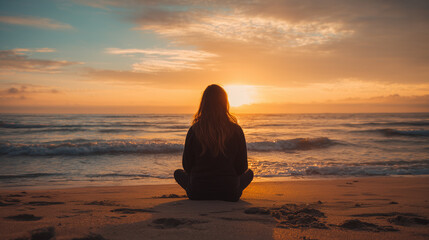 woman meditating on the beach at sunset