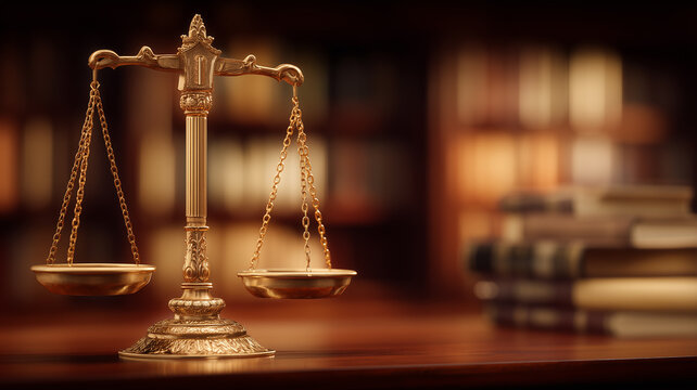Classic golden scales of justice standing in law library representing legal balance fairness ethical judgment and the enduring principles that guide courts and modern legal systems.
