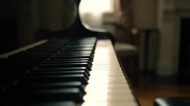 Close-up of a grand piano keyboard with light shimmering on the keys. Cinematic shot of a classical musical instrument. Elegance and art concept