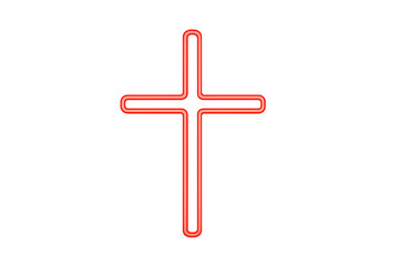 Red neon cross glowing, isolated on a transparent background, symbolizing christianity, spirituality, and faith