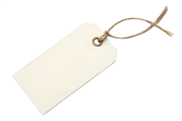 A single blank off-white paper price tag with a rustic brown twine string loop, isolated on a clean white background for copy space