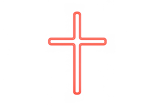 Red neon cross glowing, isolated on a transparent background, symbolizing christianity, spirituality, and faith