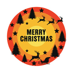 Circular Merry Christmas graphic featuring Santa's sleigh and reindeer flying through a starry night sky with silhouetted pine trees.