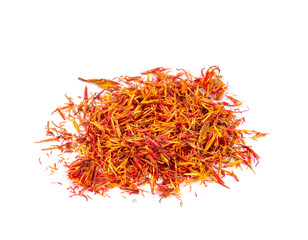 Dried saffron spice isolated on white background.
