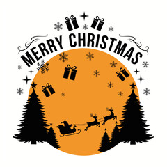 Merry Christmas illustration with Santa's sleigh, reindeer, trees, and stars in a circle.