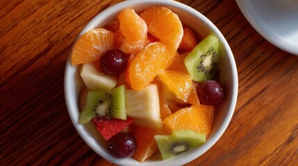 Assorted fresh fruit salad in a white bowl.