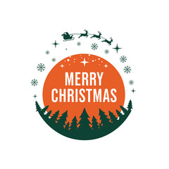 A festive Christmas illustration featuring Santa's sleigh, reindeer, snowflakes, and a pine forest, with "MERRY CHRISTMAS" text in a circular orange design.