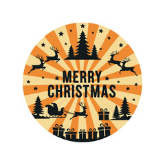 Circular Christmas design featuring reindeer, Santa's sleigh, gifts, and a festive message against a starburst background.