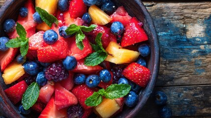 Colorful fruit salad in a wooden bowl.