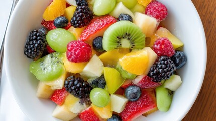 Colorful fruit salad in a white bowl.