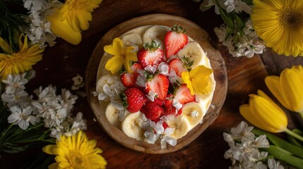 Fresh fruit cake decorated with flowers.