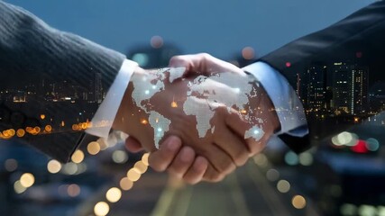 Double exposure of business handshake and world map with city lights bokeh partnership - Powered by Adobe
