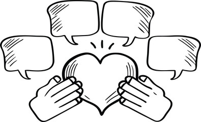 Hands holding a heart with four empty speech bubbles above