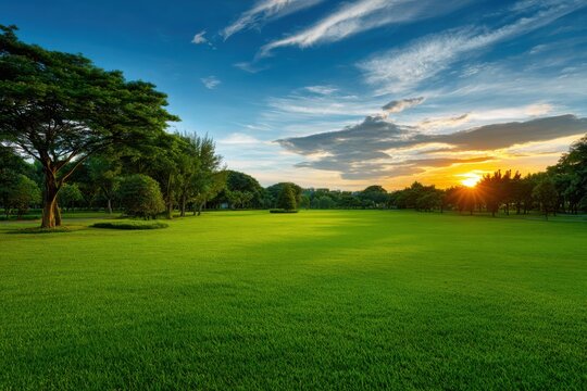 Vibrant green meadow bathed in the golden glow of a setting sun - Powered by Adobe