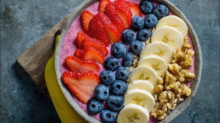 Colorful fruit bowl with yogurt and nuts.