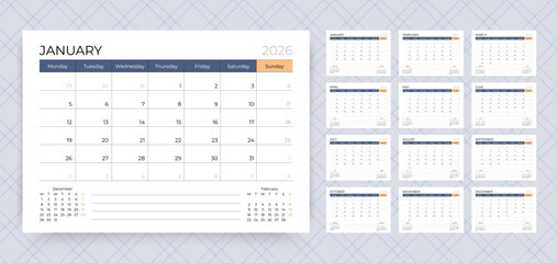 2026 calendar. Planner template. Week starts Monday. Desk schedule grid. Yearly calender organizer. Table monthly diary layout with 12 month. Vector illustration. Horizontal design. Paper size A5.