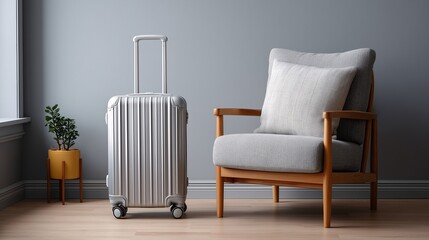 Silver Suitcase and Cozy Grey Armchair with Plant Against Grey Wall