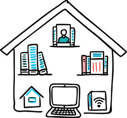 Hand drawn illustration of a house interior with a laptop, books, and a person working from home vector