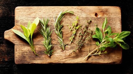 Fresh herbs arranged on a wooden cutting board.