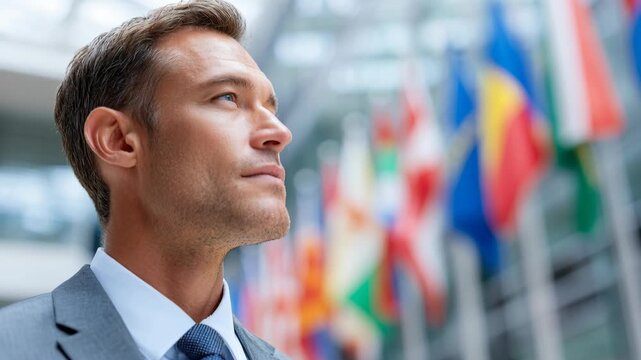 A confident and thoughtful businessman looks upward with international flags blurred in the background, representing global business and diplomacy.