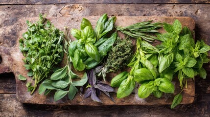 Fresh herbs displayed on a wooden cutting board.