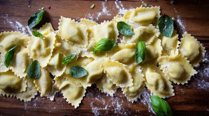 Uncooked pasta tortellini with fresh basil leaves on a wooden surface.