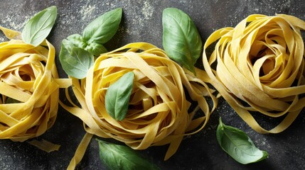 Fresh pasta with basil leaves on a dark surface.